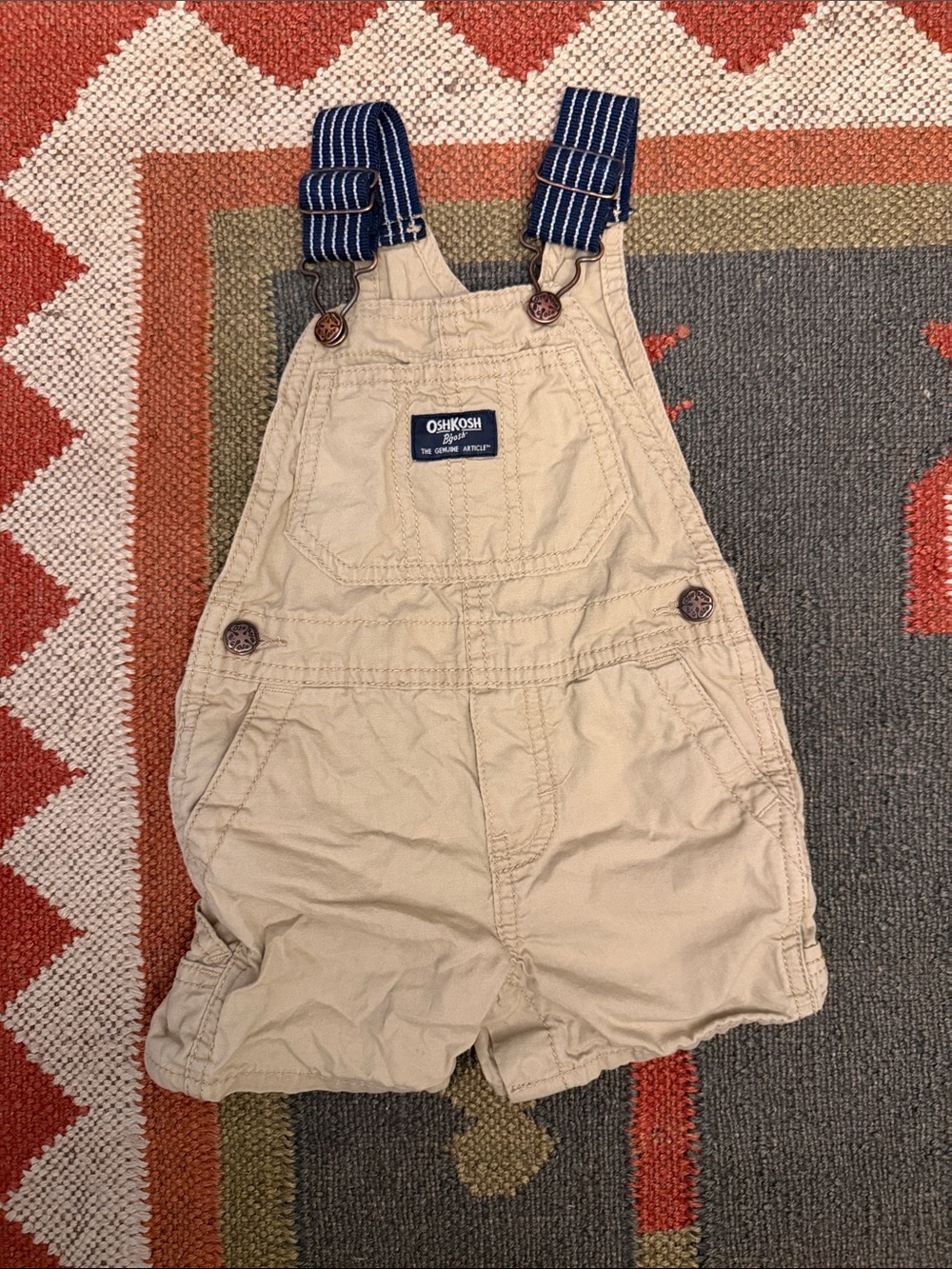 OshKosh B'gosh Tan Short Overalls with Navy Striped Straps